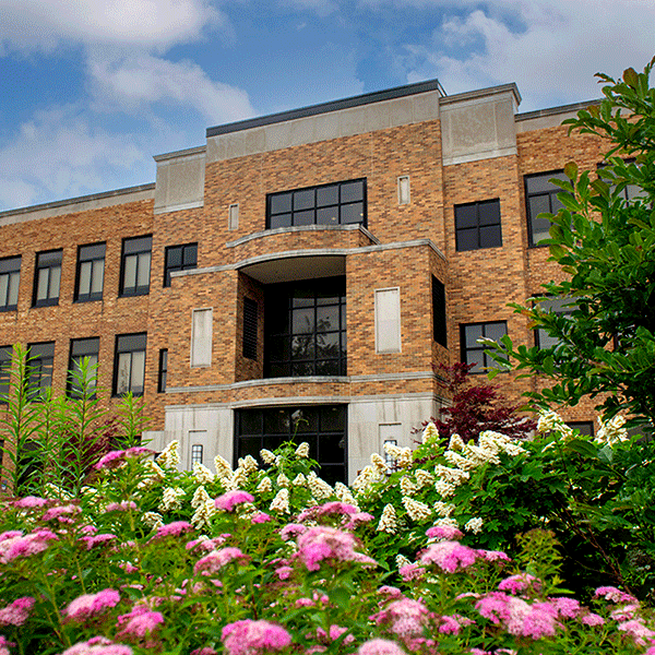 Exterior of a brick building with purple flowers in the foreground