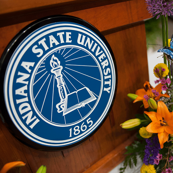 Indiana State University seal on a podium