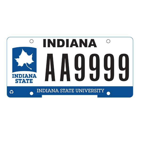 An image of an Indiana State University license plate. It reads INDIANA AA9999. It has a white background and blue trim with Indiana State University along the bottom and a white Sycamore leaf with blue background on the right side.