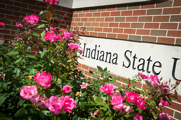 A bush of pink flowers before a brick structure with ‘Indiana State’ in the center, in concrete.