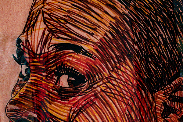 An art piece displaying the top half of a person’s face sketched with dark black, brown, yellow, and red markings. The person’s eyes, nose, eyebrows, and one ear are visible.