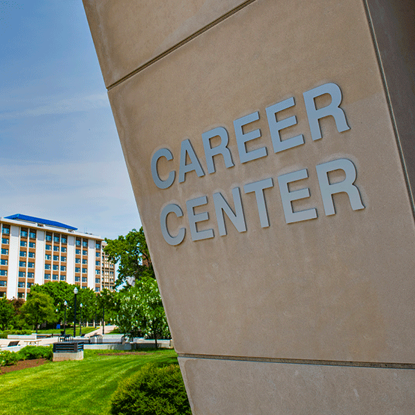 A photo of the Career Center building zoomed in on the area that says, “Career Center”.