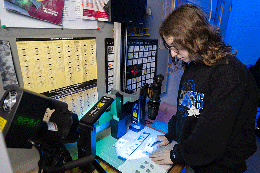 A female student with dark brown hair and glasses, and wearing a black Sycamores sweatshirt, stands in a dim room analyzing fingerprints beneath lights on her desk. On the wall in front of her are assorted charts with graphical information and images.