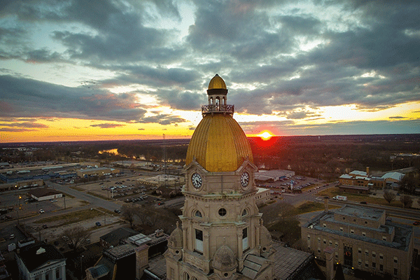 Aerial photo of the Vigo County Courthouse at sunset. 