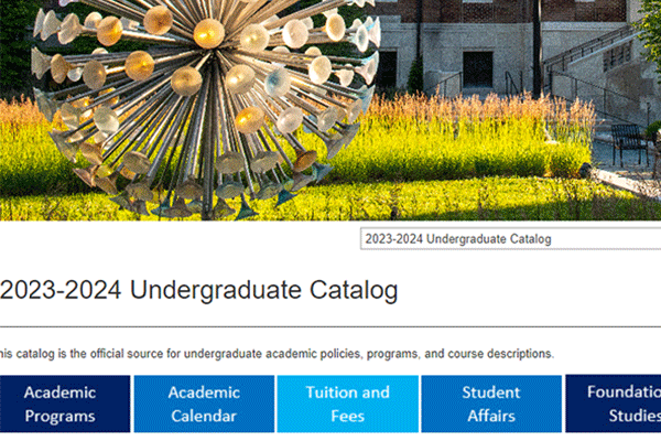 Screen capture of a website that lists the 2023-24 Indiana State University catalog.