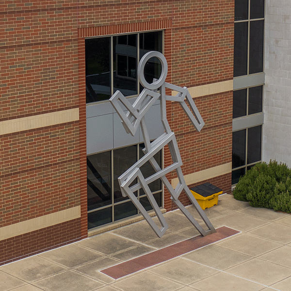 Aerial image of the Student Recreation Center with the sculpture The Runner