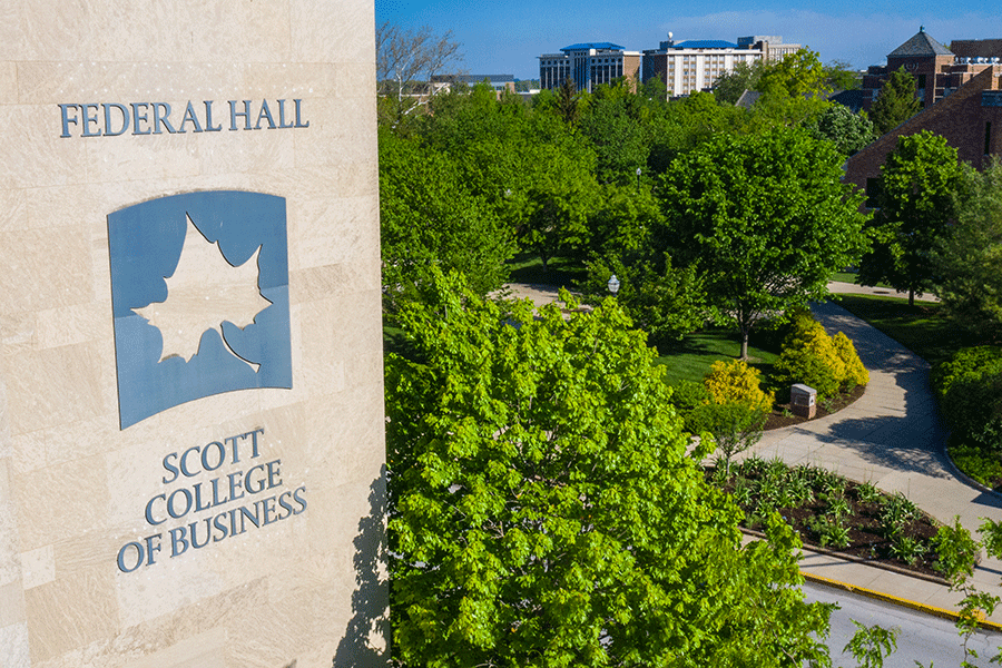 Aerial image of the Scott College of Business building in summer