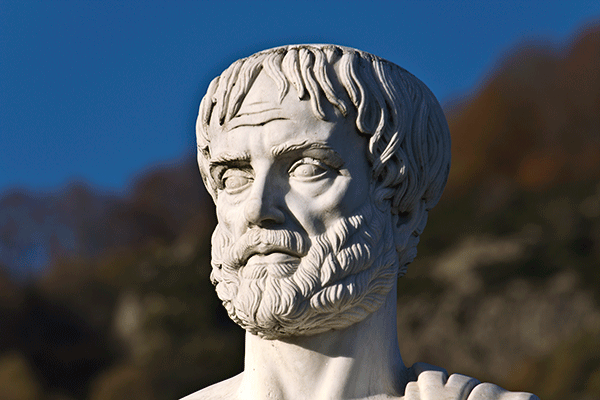 The head of a white marble statue is outlined against a dark blue evening sky, with what look like mountains in the background. The figure appears to represent a famous Greek or Roman philosopher and depicts the figure with full hair and beard and a stoic expression.