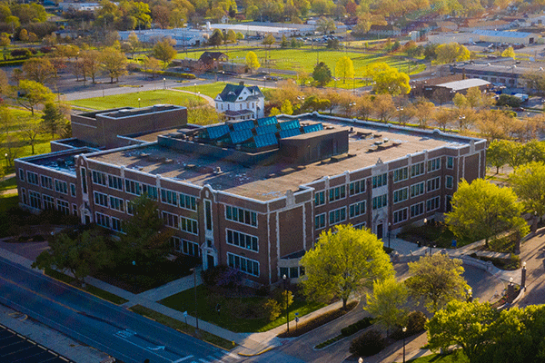 aerial image of a campus building