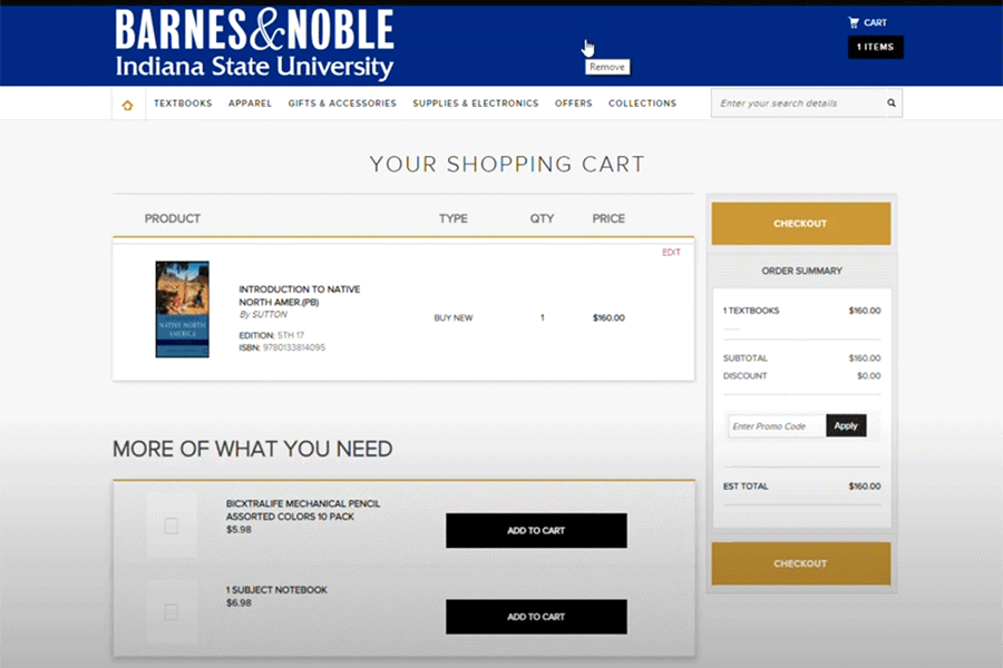 Screen capture of the Barnes and Noble website showing the Indiana State University interface with a textbook in the cart.