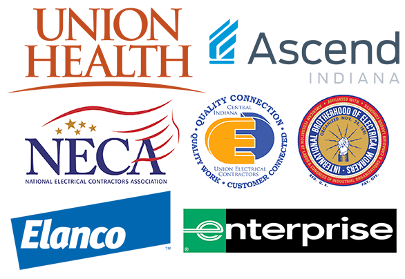 A white box featuring seven colorful graphic logos, one each for the International Brotherhood of Electrical Workers (IBEW), the Central Indiana Union Electrical Contractors, Union Health, Elanco, Enterprise, Ascend Indiana, and the National Electrical Contractors Association (NECA). The assorted logos feature the names and in some cases the acronyms of each organization, rendered in a variety of plain or decorative fonts and accompanied by assorted graphic elements.