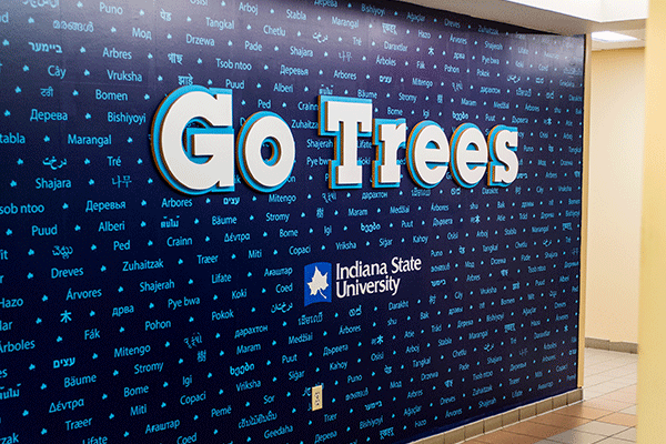 A blue wall showcasing hundreds of languages in light blue ink with a large “Go Trees” sign in the middle.