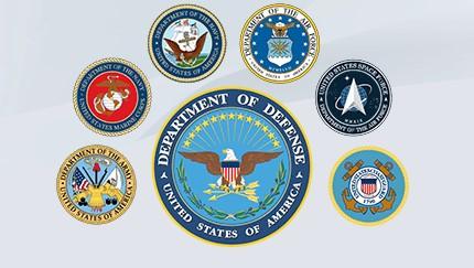 A display of seven U.S. military patches. 