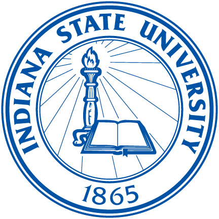 The official seal of Indiana State University depicted in blue on a white background. The seal features a central torch and flame, rays of light, and an open book, encircled by the university name and founding year, 1865.