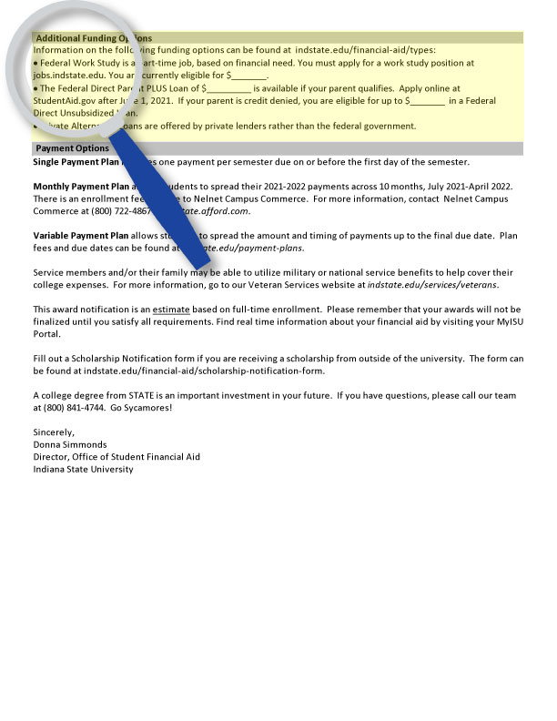 Financial aid information document including details about funding options, payment plans, and contact information for further assistance