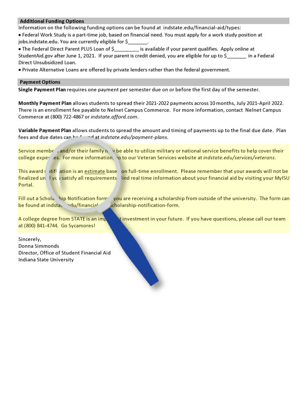 Financial aid information document including details about funding options, payment plans, and contact information for further assistance