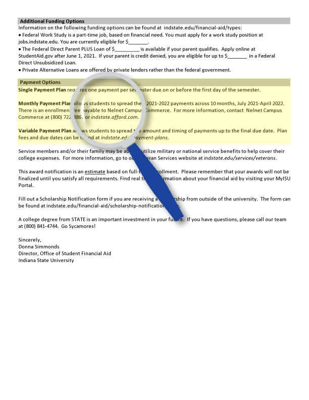 Financial aid information document including details about funding options, payment plans, and contact information for further assistance