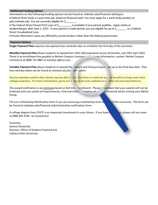 Financial aid information document including details about funding options, payment plans, and contact information for further assistance