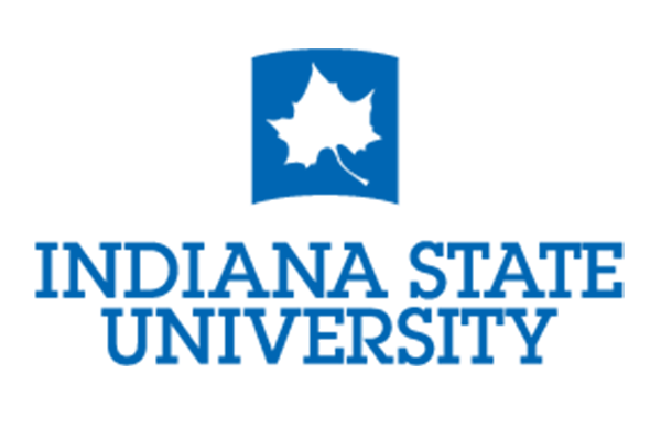 A blue logo on white background, with the top of the logo featuring a white sycamore leaf within a blue square, with blue text reading “Indiana State University” below the leaf.