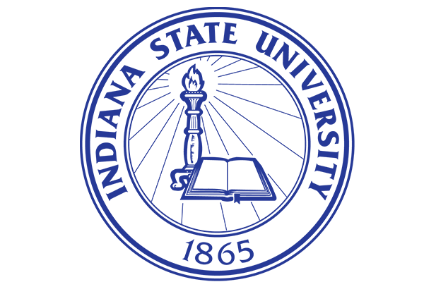 Blue circular logo on a white background. Included in the circle is text reading “Indiana State University” across the top with “1865” on the bottom. The circle also includes a drawing of an open book with a torch on the left side, with rays of light extending out from the flame.