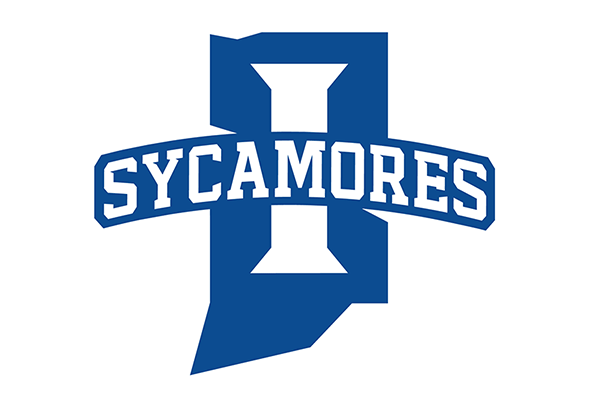 Athletics – logo – A blue logo on white with the shape of Indiana in blue, with a large “I” in the middle of the state and text reading “Sycamores” in white letters through the middle.