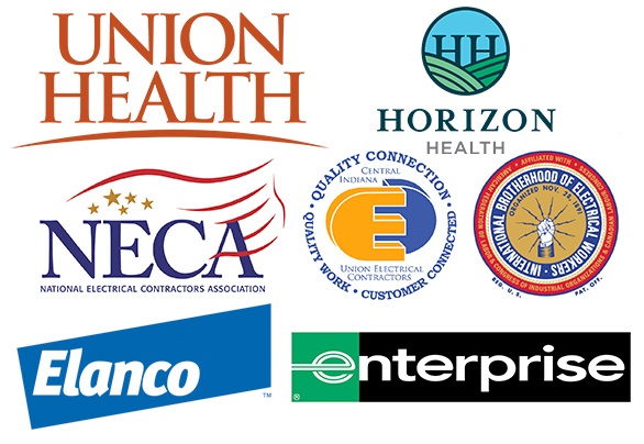 A white box featuring seven colorful graphic logos, one each for the International Brotherhood of Electrical Workers (IBEW), the Central Indiana Union Electrical Contractors, Union Health, Elanco, Enterprise, Ascend Indiana, and the National Electrical Contractors Association (NECA). The assorted logos feature the names and in some cases the acronyms of each organization, rendered in a variety of plain or decorative fonts and accompanied by assorted graphic elements.