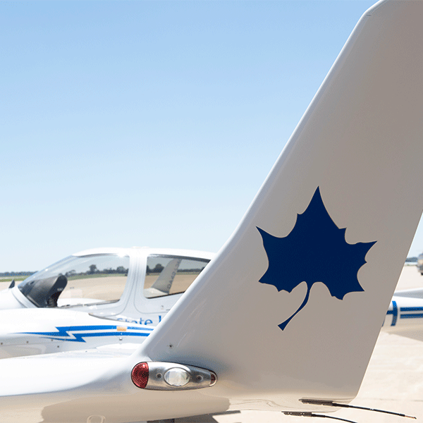 A close-up view of a white aircraft’s tail that features a large blue Sycamore leaf symbol. Below the tail, part of the body and cockpit is visible, showing a clear, bubble-shaped canopy with blue lightning-style markings. The aircraft sits on a tarmac under a blue sky, with green landscape visible in the distance.