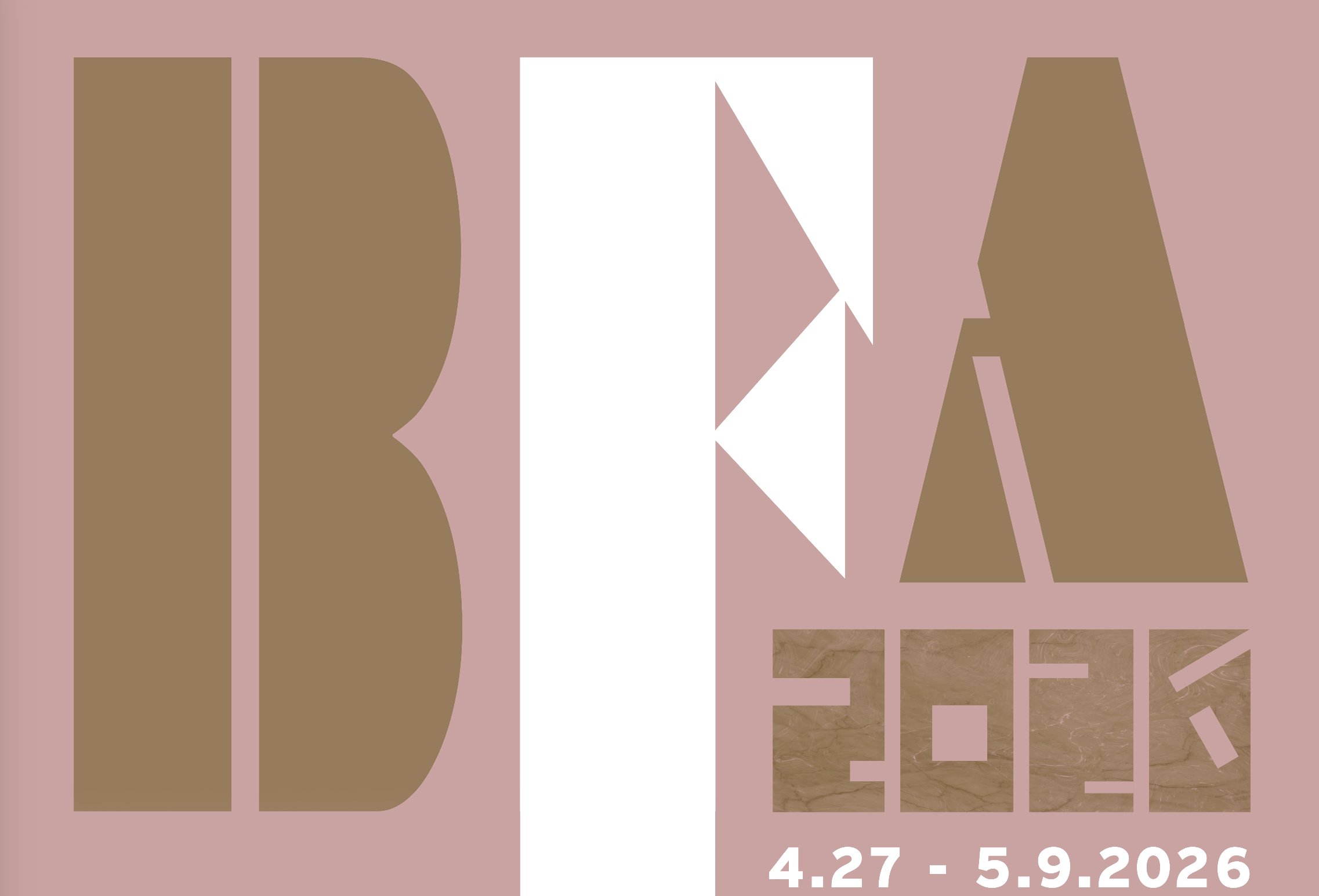 Stylized graphic poster with large abstract letters forming “I B K A” in tan and white on a muted pink background. The shapes are geometric and partially fragmented, with the “K” rendered as angular cutouts. In the lower right, smaller blocky text reads “EEK” in a textured tan fill, and beneath it the dates “4.27 – 5.9.2026” in white. The overall design is modern, minimal, and typographic.