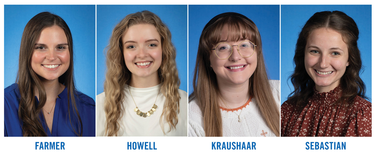 Four young women smiling against a blue background, identified as Farmer, Howell, Kraushaar, and Sebastian, Fall 2022 Hines Memorial Medal recipients.