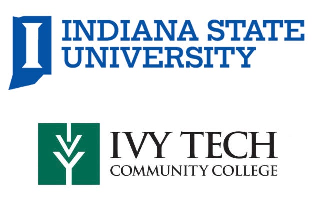 Indiana State University logo above Ivy Tech Community College logo on a white background.