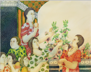 Colorful painting depicting women and children interacting with butterflies and plants in a patterned, decorative setting.