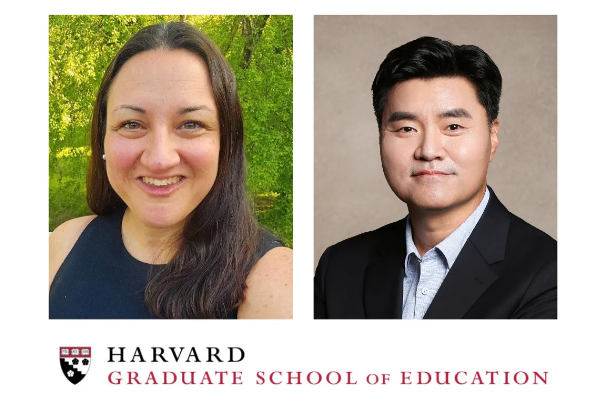 Two people are shown in separate photos. The first (Holly Curtsinger) is smiling outdoors with a background of green foliage. The second person (Dr. Yong Joon Park) is in a formal headshot against a neutral background. The image includes the logo and name of the Harvard Graduate School of Education at the bottom.