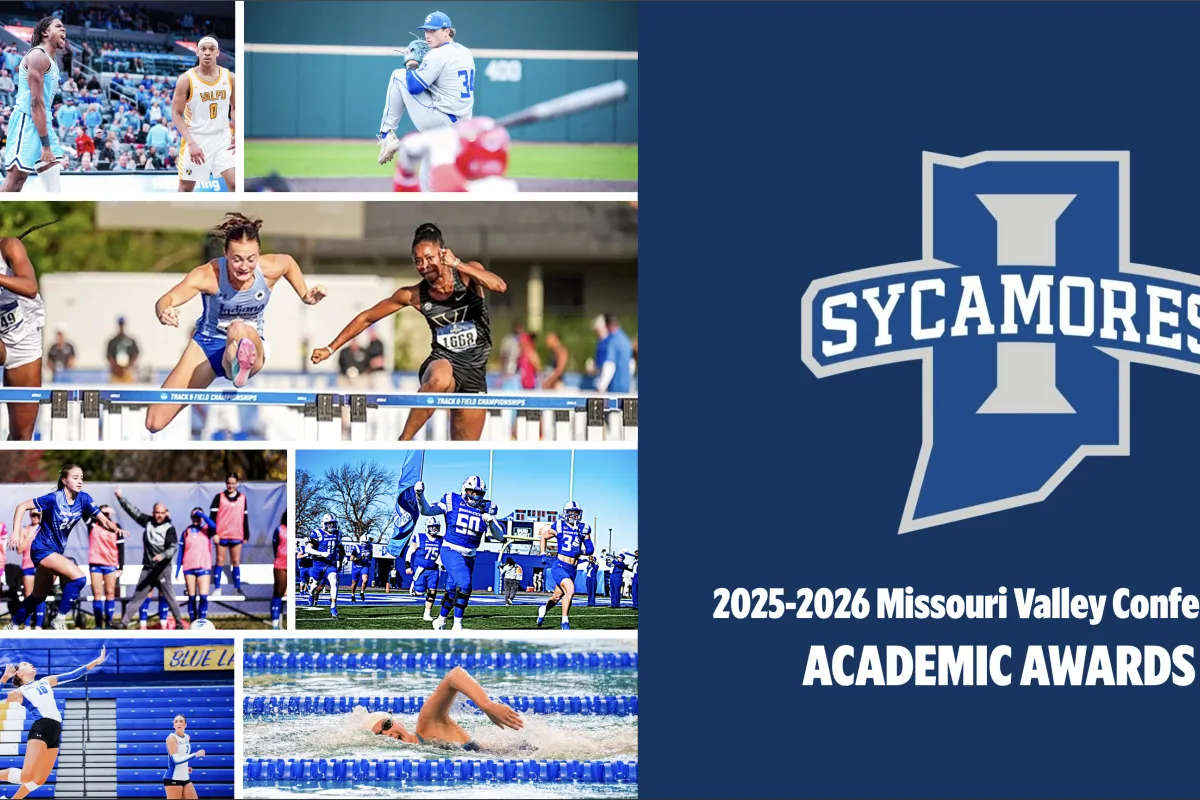 A collage of sports images featuring athletes engaging in various activities such as running, swimming, and playing baseball and soccer. The right side displays the Sycamores logo with text reading "2025-2026 Missouri Valley Conference Academic Awards.