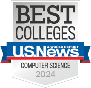 Logo of U.S. News & World Report featuring the text 'BEST COLLEGES', 'USN&WR', and 'Computer Science 2024' on a badge with a gray and white color scheme and blue and red ribbons.