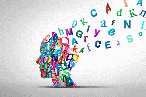 A stock image graphic of a human head made of multi-colored letters. The letters are floating away from the top of the head toward the upper-right corner. 