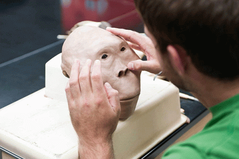 A white male with short brown is working on a 3D model reconstruction of a white human face and head. His hands are on the model, which is positioned on a white surface. 