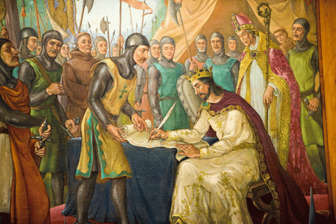 Large colorful mural painting depicting the signing of the Magna Carta.