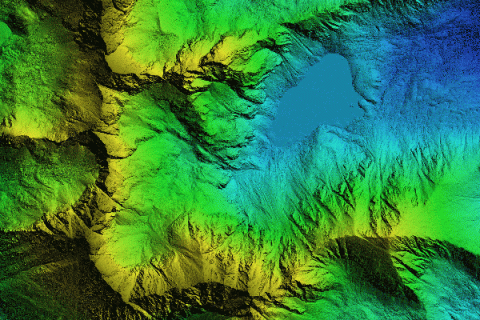 Digital elevation modelmade after proccesing aerial pictures taken from a drone. It shows high rocky and steep mountain peaks. At their feet are visible valleys and mountain lakes.