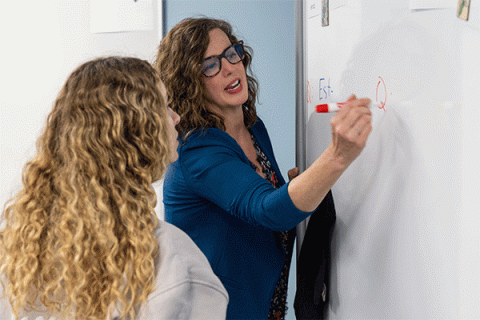 Female professor writing on a white board as a female student with back turned away from the camera looks on during a language class. 