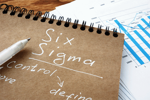 Six sigma written on a notebook in white ink and a spreadsheet on white paper. 