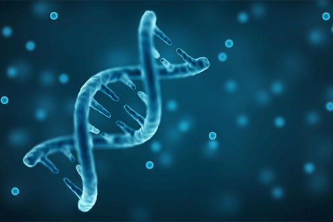 Double helix structure on blue background 
