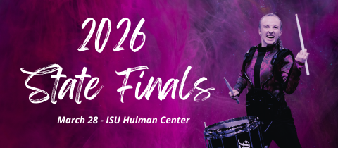 Promotional graphic with a purple and pink smoky background reading “2026 State Finals” and “March 28 – ISU Hulman Center.” On the right, a marching percussionist in a purple and black uniform plays a snare drum while raising a drumstick.