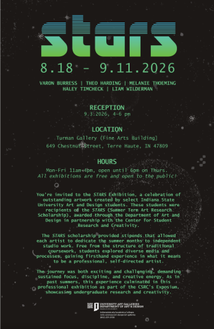 Poster for the STARS Exhibition, featuring artwork by Varon Burress, Theo Harding, Melanie Thoeming, Haley Timcheck, and Liam Wilderman, on view August 18–September 11, 2026, at Turman Gallery.